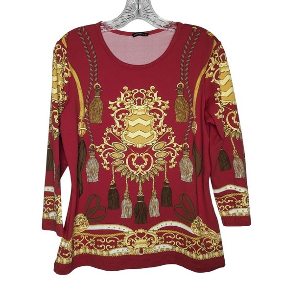 J Mclaughlin Tops - J McLaughlin red gold Medallion Tassel‎ Print Catalina cloth Top size M